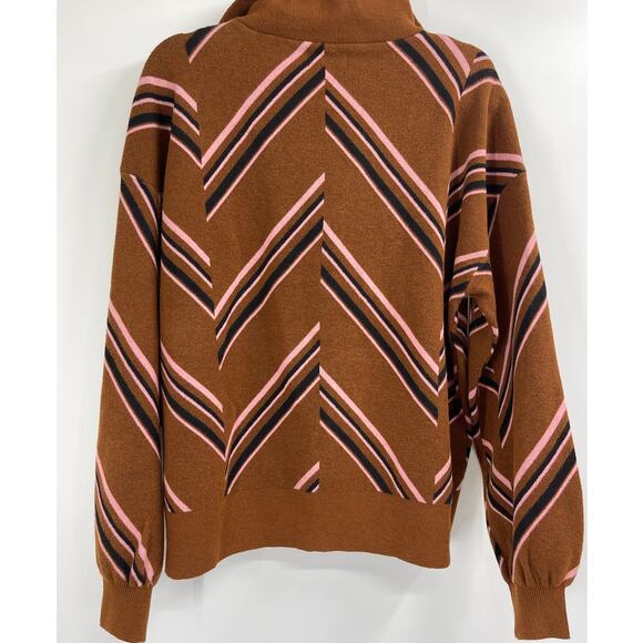 Nine West Womens Chevron Half Zip Sweater Brown Pink XL Striped Knit Pullover - Picture 2 of 9